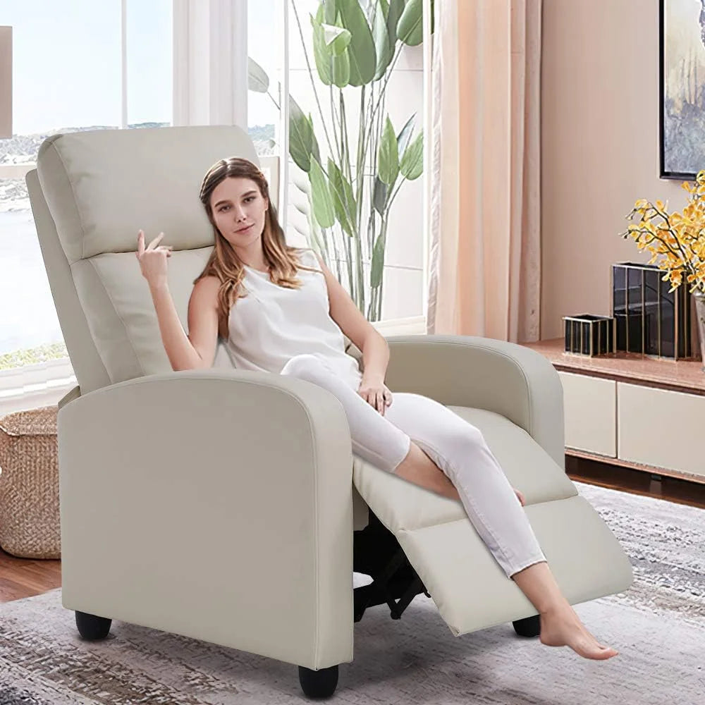 Beige PU Leather Recliner Chair with Footrest O700048