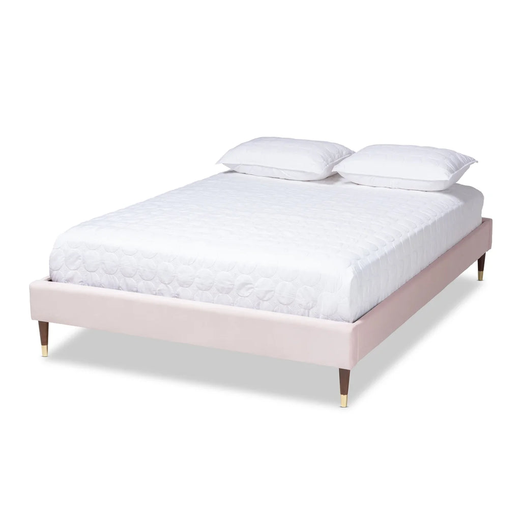 Light Pink Velvet Upholstered Full Size Wood Platform Bed Frame T229