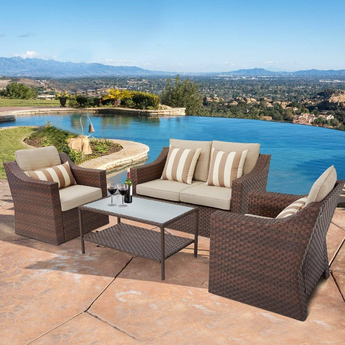 4-Piece All Weather Wicker Patio Furniture Set with Glass Coffee Table W56483