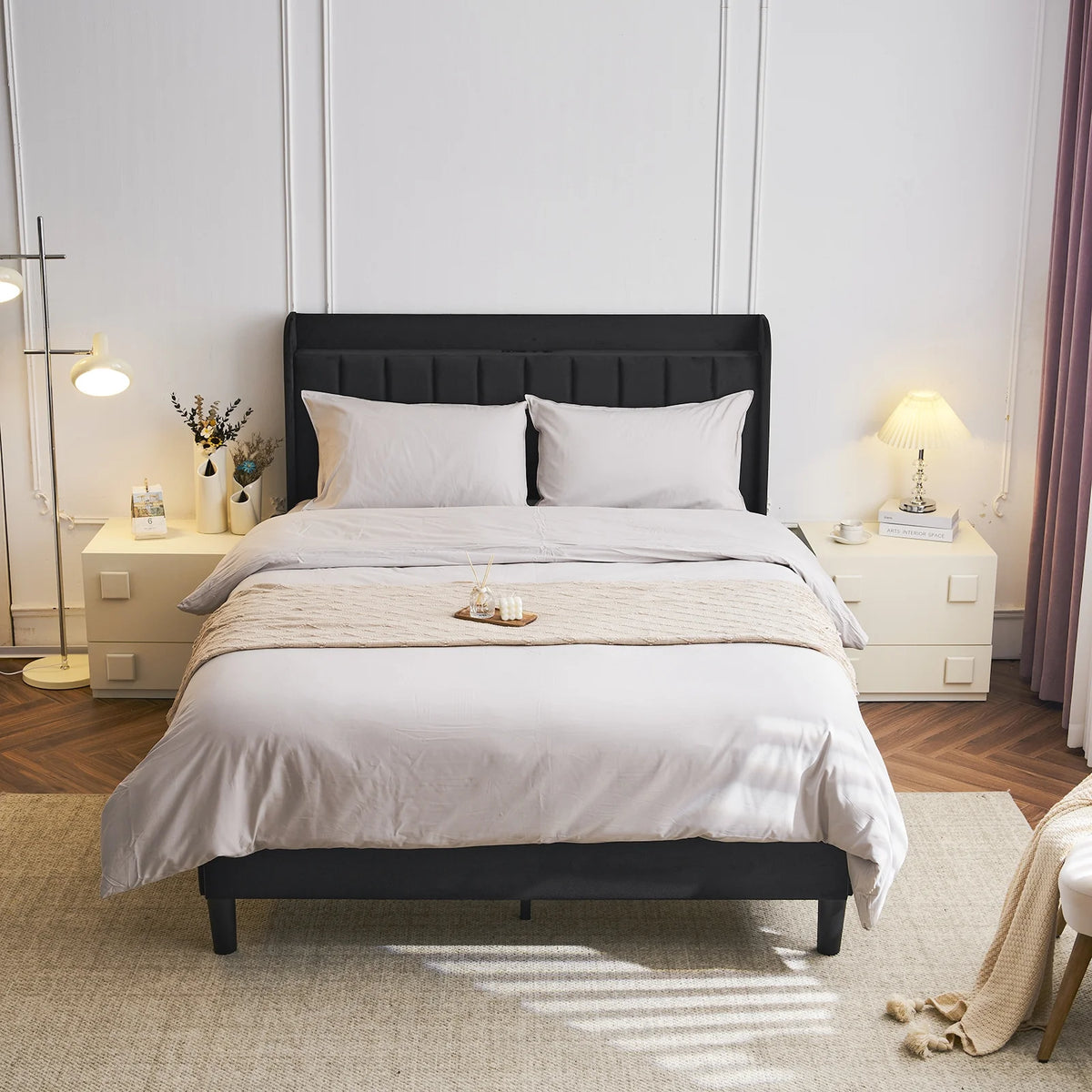 Queen Bed Frame with Charging Station, Upholstered Headboard, Wood Slat Support U925640