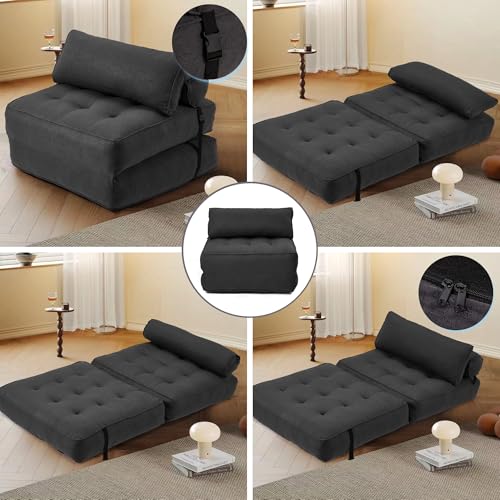 Folding Convertible Sofa Bed with Pillow, Black Linen Fabric V805262