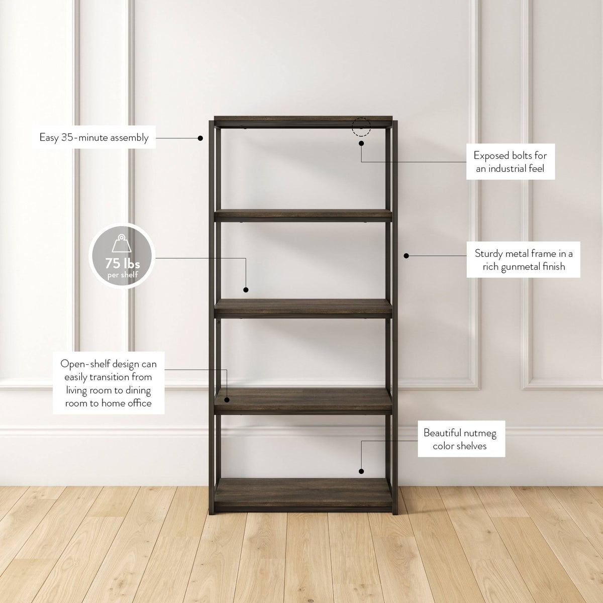 5-Shelf Wood Bookcase with Metal Frame D988908