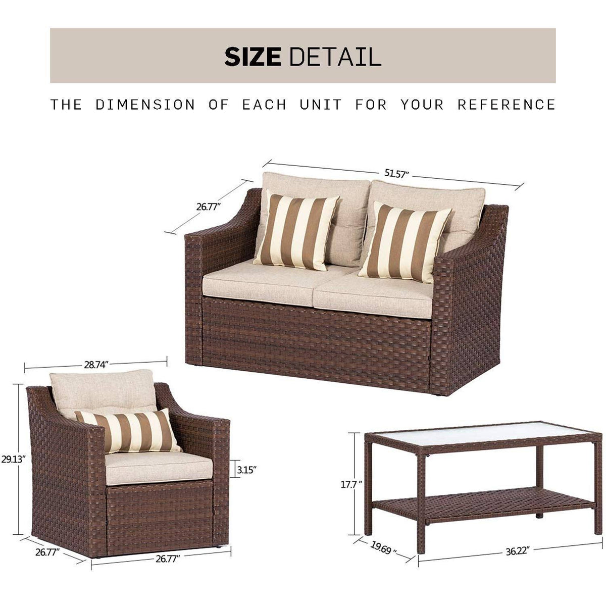 4-Piece All Weather Wicker Patio Furniture Set with Glass Coffee Table W56483