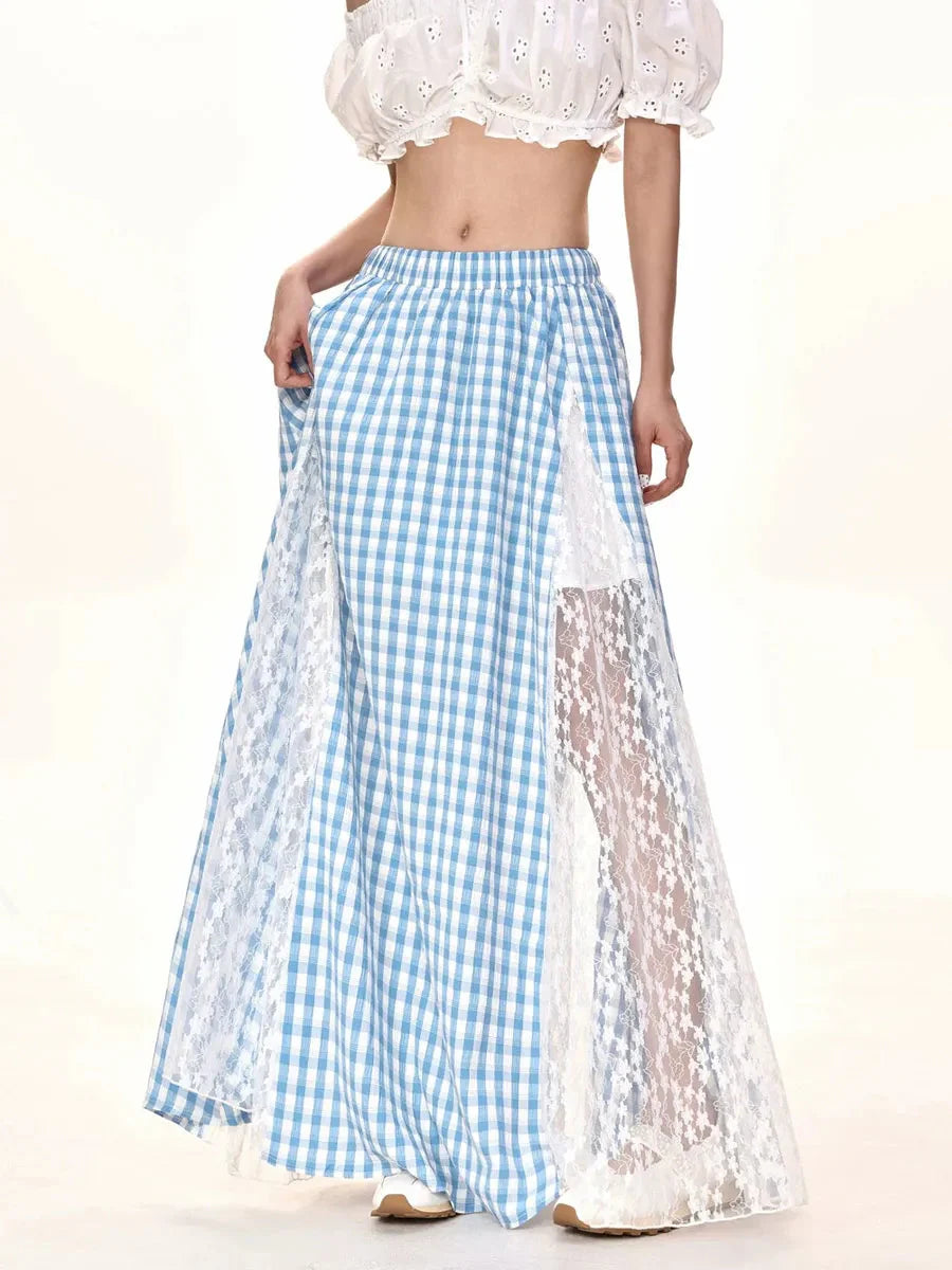 Blue Checkerboard Split Midi Dress M99593