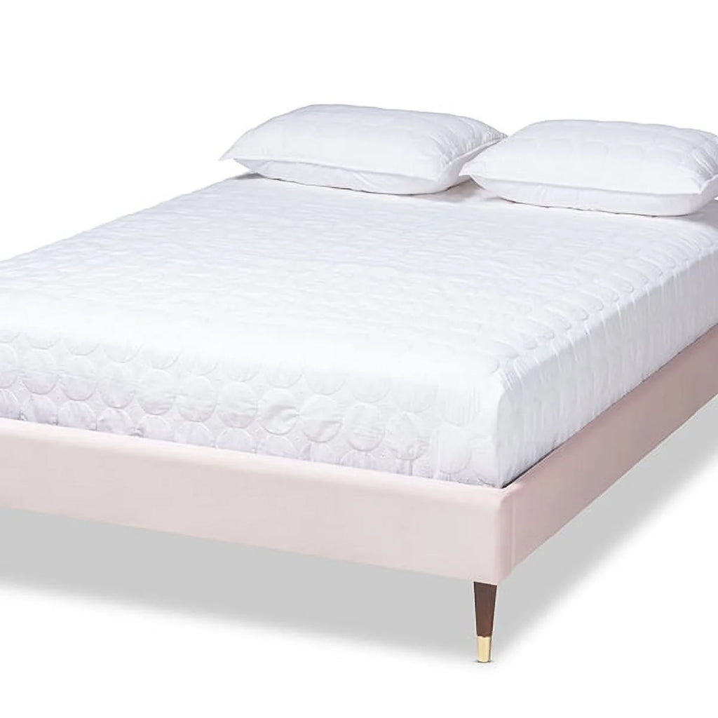 Light Pink Velvet Upholstered Full Size Wood Platform Bed Frame T229