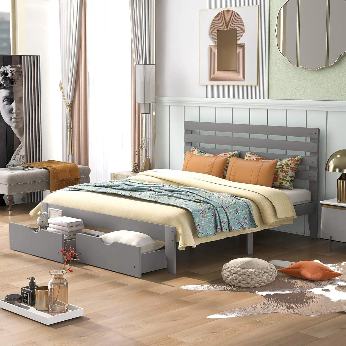 Queen Wood Platform Bed Frame with Storage Drawers and Headboard X6385