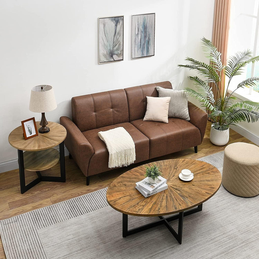 Solid Wood Oval Coffee Table with Cross Metal Legs Brown J5779