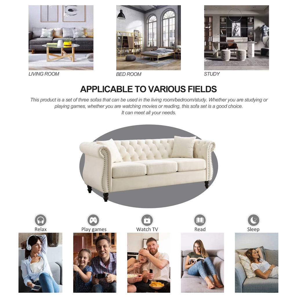 80" Velvet Tufted 3 Seats Sofa with Two Pillows F54685