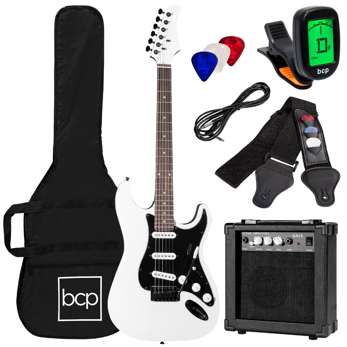 39in Full Size Beginner Electric Guitar Kit with Case, Strap, Amp, Whammy Bar - Glacier White S84886