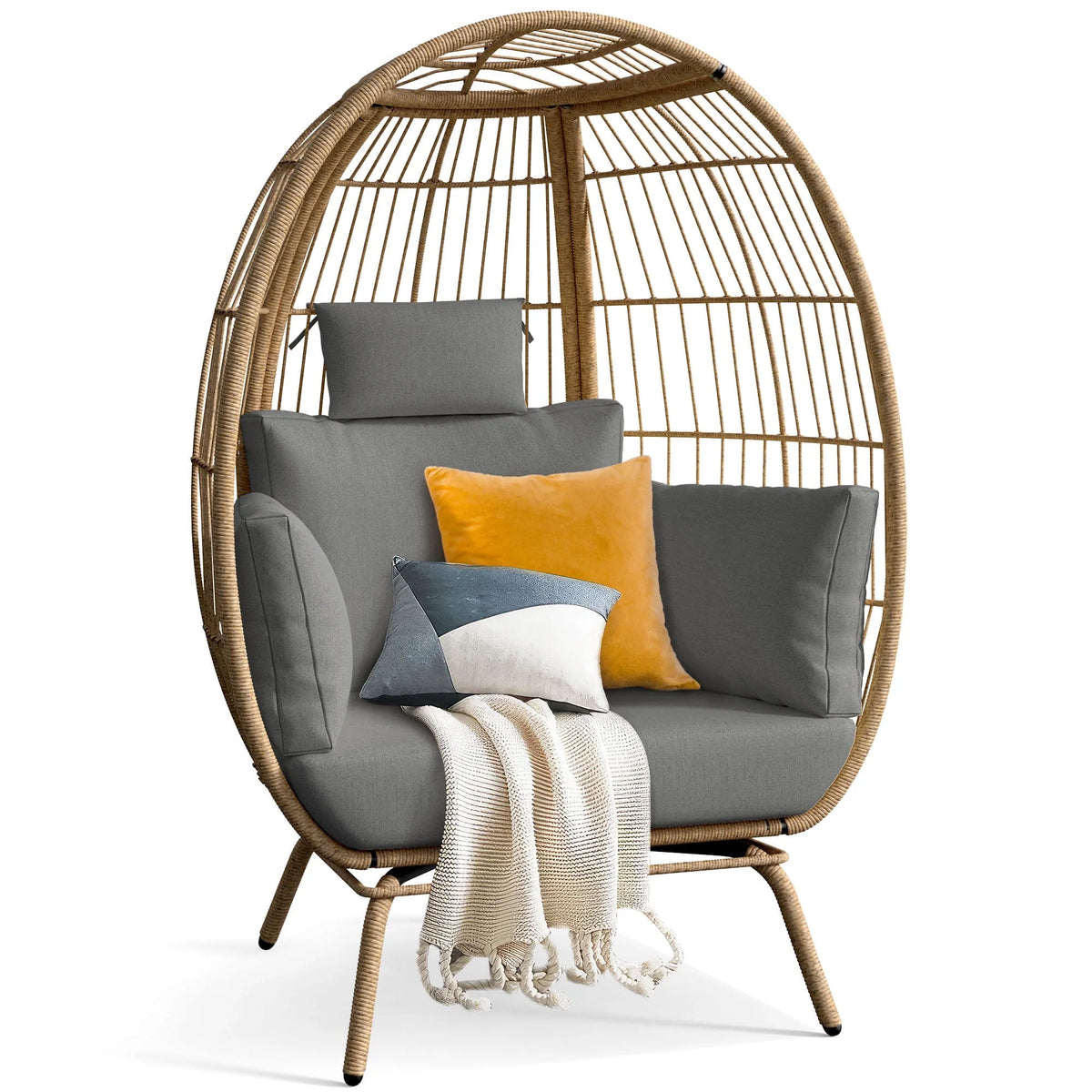 Oversized Wicker Egg Chair with Stand and Cushions N668