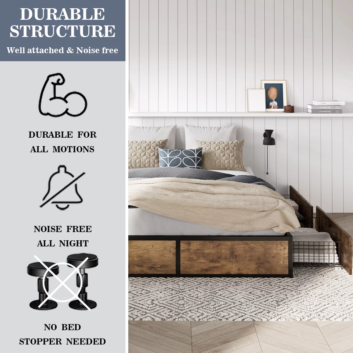 Queen Size Metal Platform Bed Frame with 4 Storage Drawers Q181911