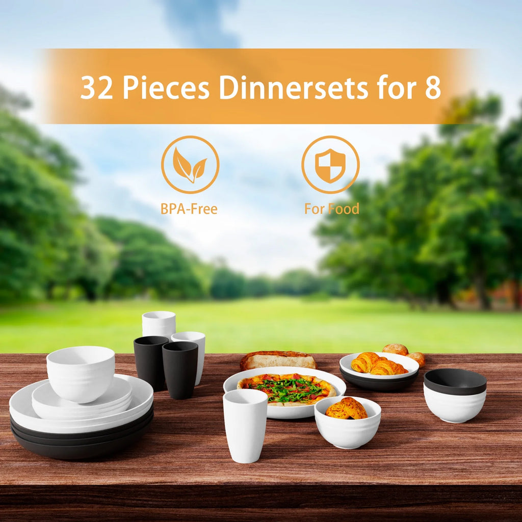Wheat Straw Dinnerware Set for 8, 32 Pc Plastic Plates and Bowls H22182