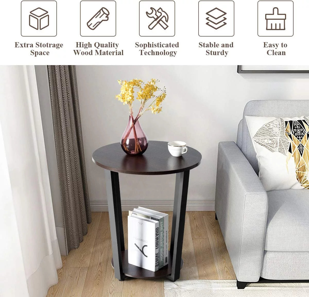 Round 2-Tier Metal End Table with Storage Shelf I675