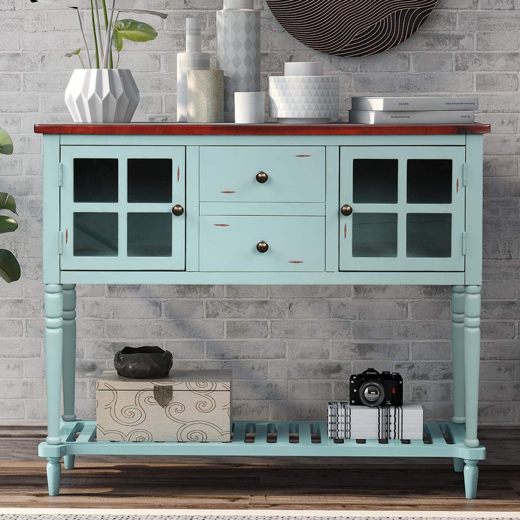 Antique Navy Console Table with Two Storage Drawers Two Cabinets and Bottom Shelf C293065