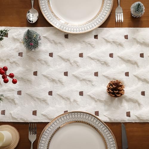 Beige 13x72 Inch Faux Fur Jacquard Christmas Tree Table Runner Z903