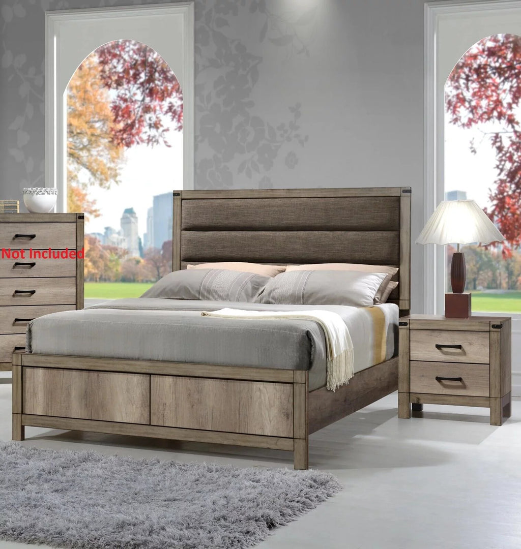 3pc Upholstered King Size Bed and Nightstands Light Brown Wood Finish Bedroom Set Z47194