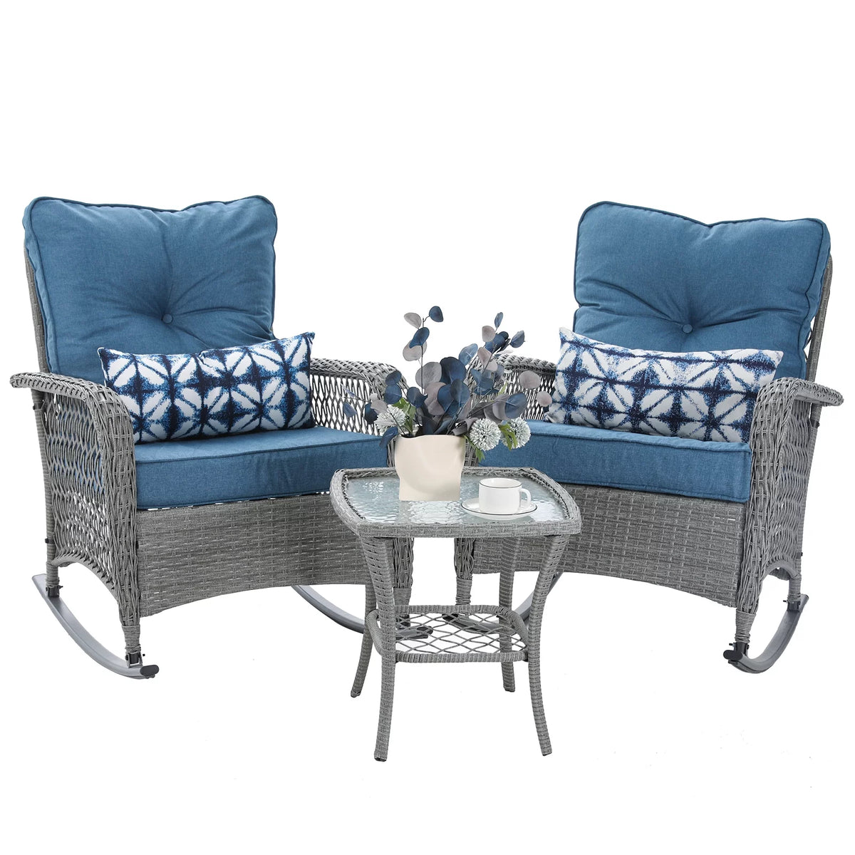 3-Piece Wicker Outdoor Rocking Chairs with Cushions and Table P340