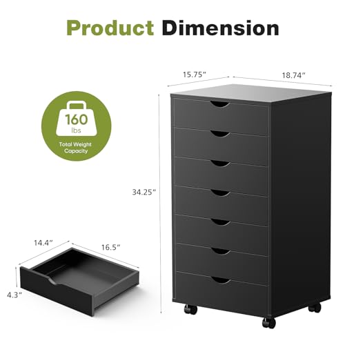 Black 7 Drawer Wood Dresser with Wheels N70980