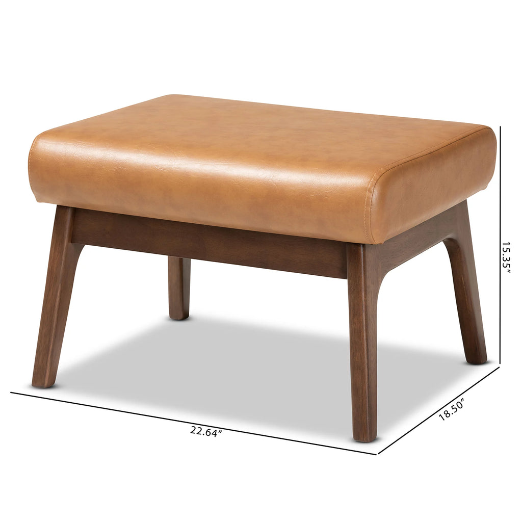 Walnut Brown Wood and Tan Faux Leather Ottoman W9222
