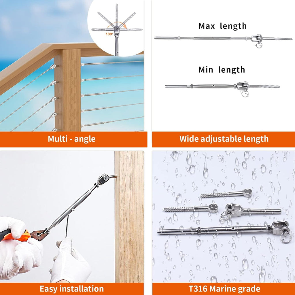 36 Set Cable Railing Kit 1/8 T316 Stainless Steel Turnbuckle Hardware F441661