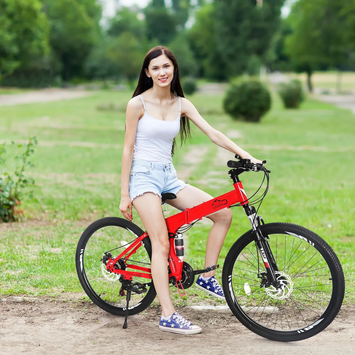 Folding Mountain Bike 21-Speed 26 inch Wheels Red C7726