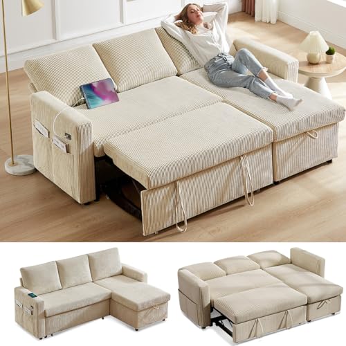 Beige Corduroy L Shaped Sleeper Sofa with Storage Chaise G43945