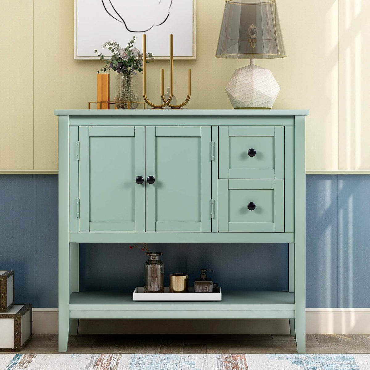 Espresso Wood Console Table with 2 Drawers 2 Cabinets 1 Shelf E959
