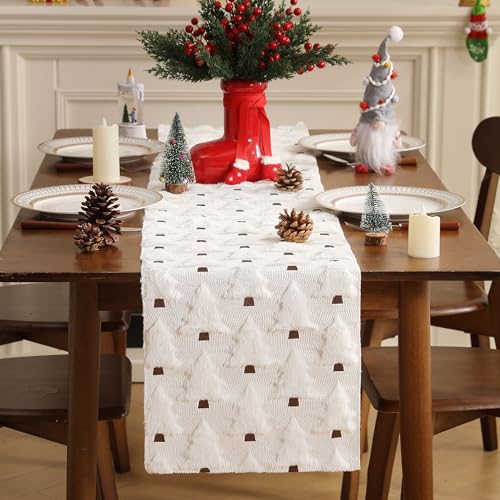 Beige 13x72 Inch Faux Fur Jacquard Christmas Tree Table Runner Z903