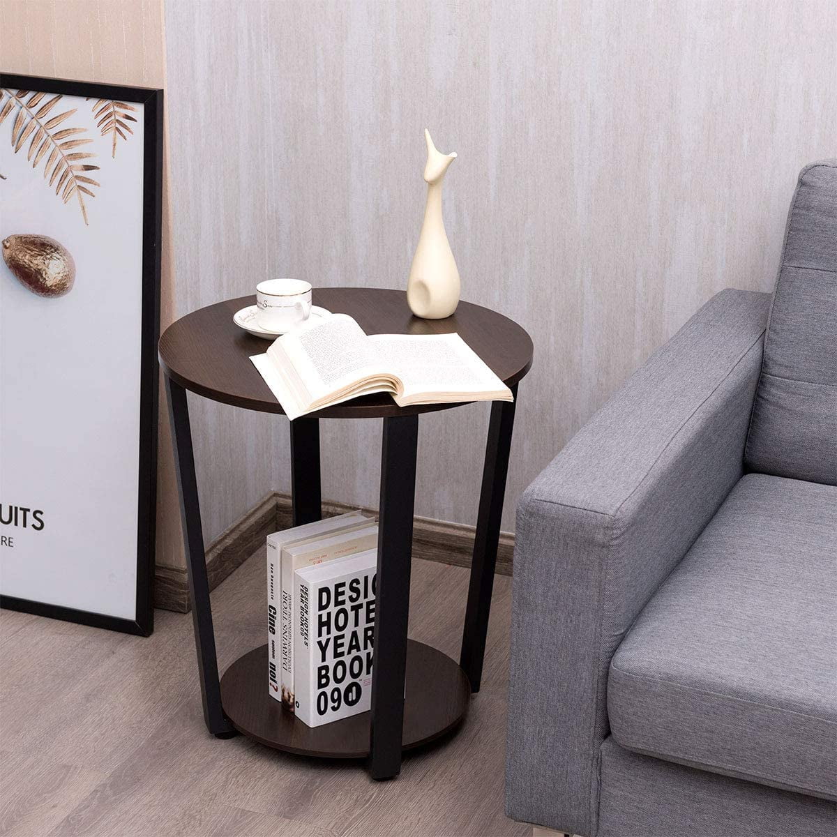 Round 2-Tier Metal End Table with Storage Shelf I675