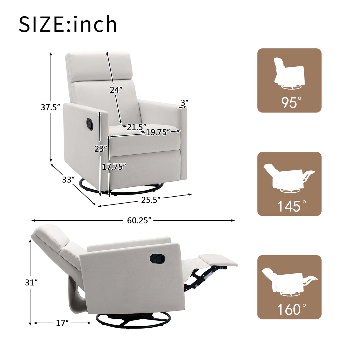 Beige Upholstered Swivel Rocker Recliner Chair D2453