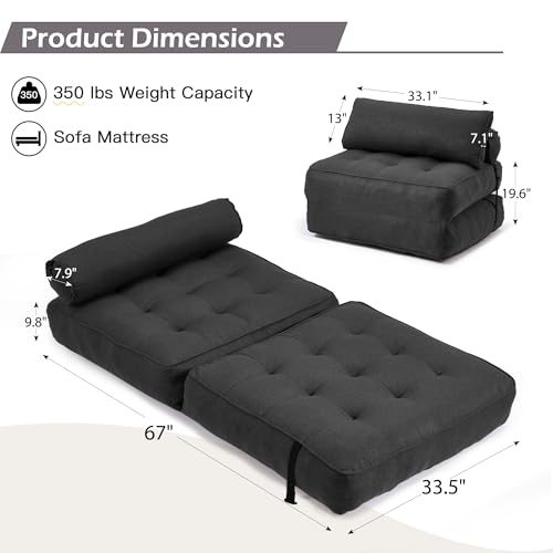 Folding Convertible Sofa Bed with Pillow, Black Linen Fabric V805262