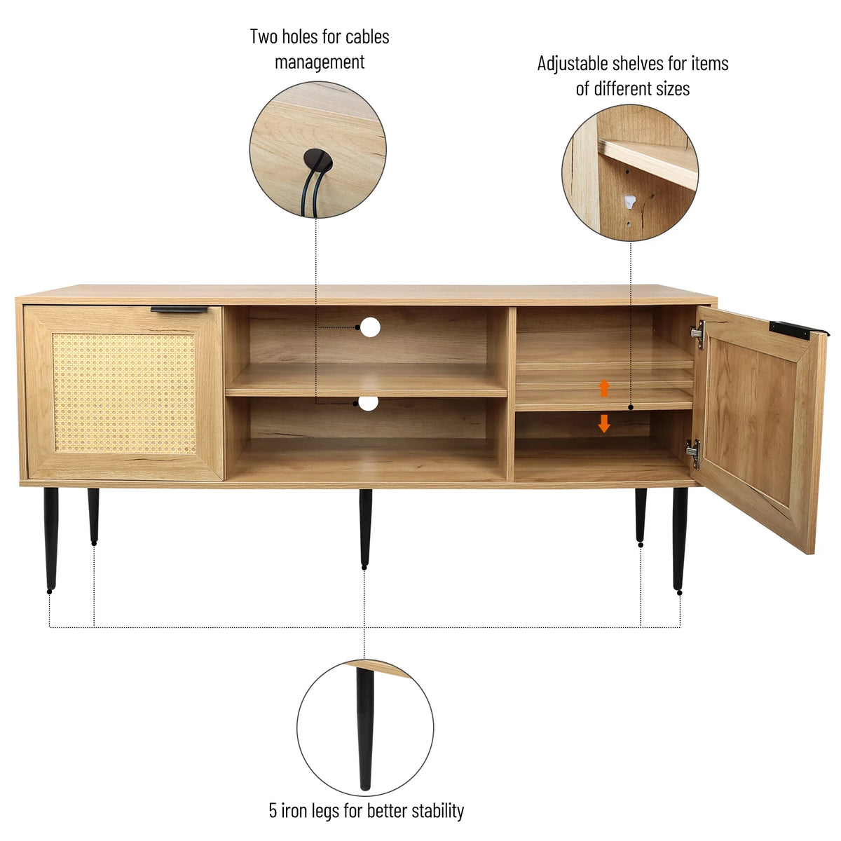 Wooden TV Stand with 2 Cabinet Open Shelves F6674
