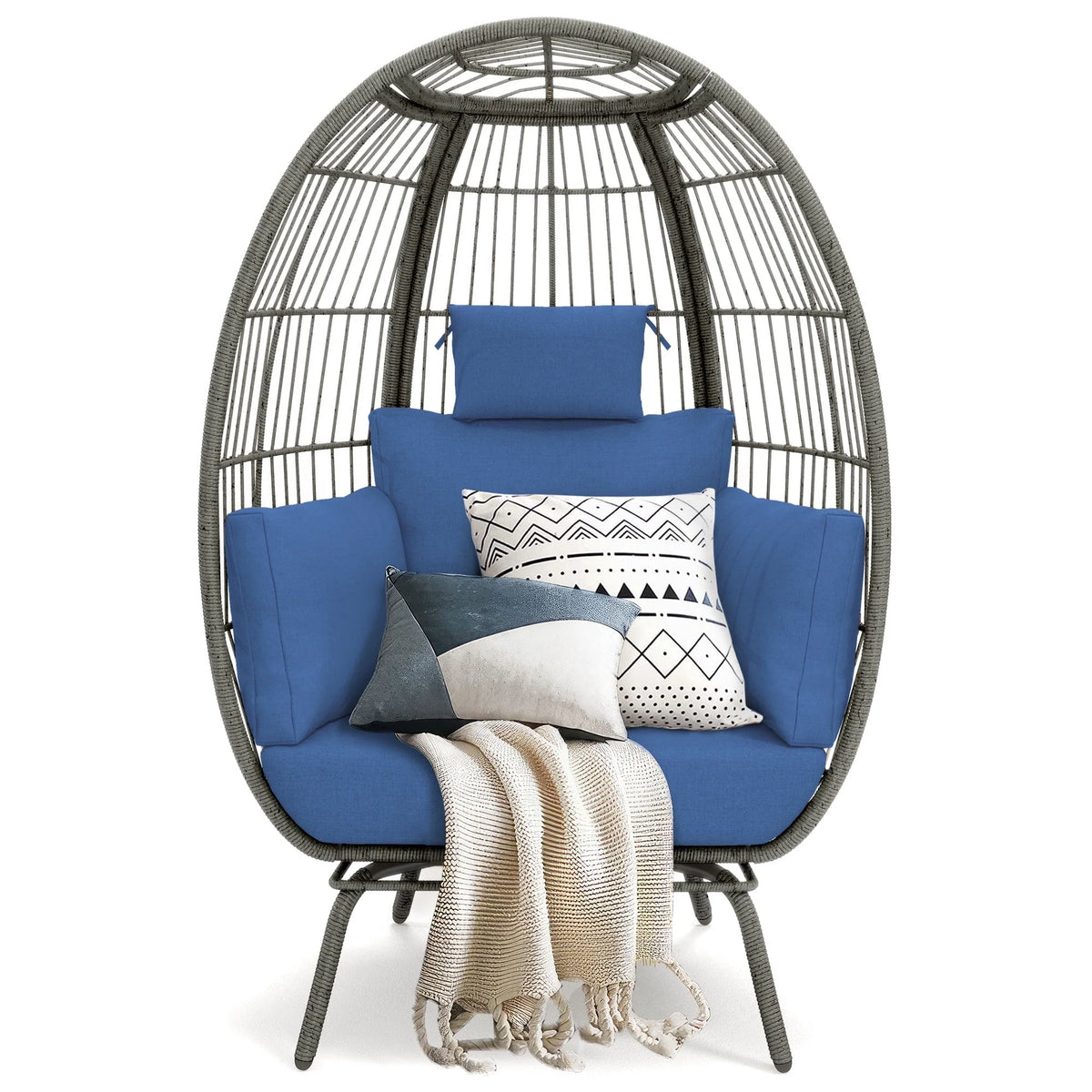 Oversized Wicker Egg Chair with Stand and Cushions N668