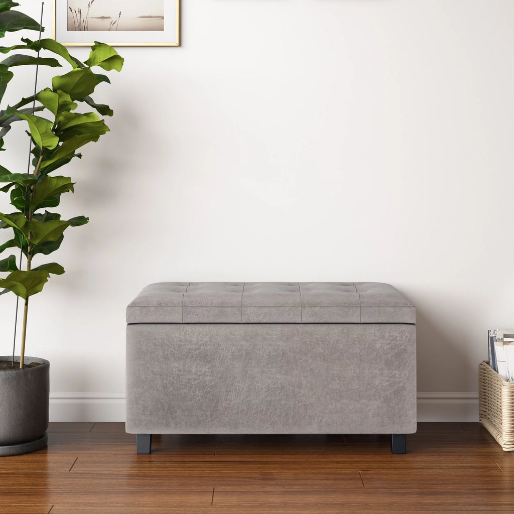34 inch Wide Rectangle Storage Ottoman in Distressed Grey Taupe Faux Leather Z21508