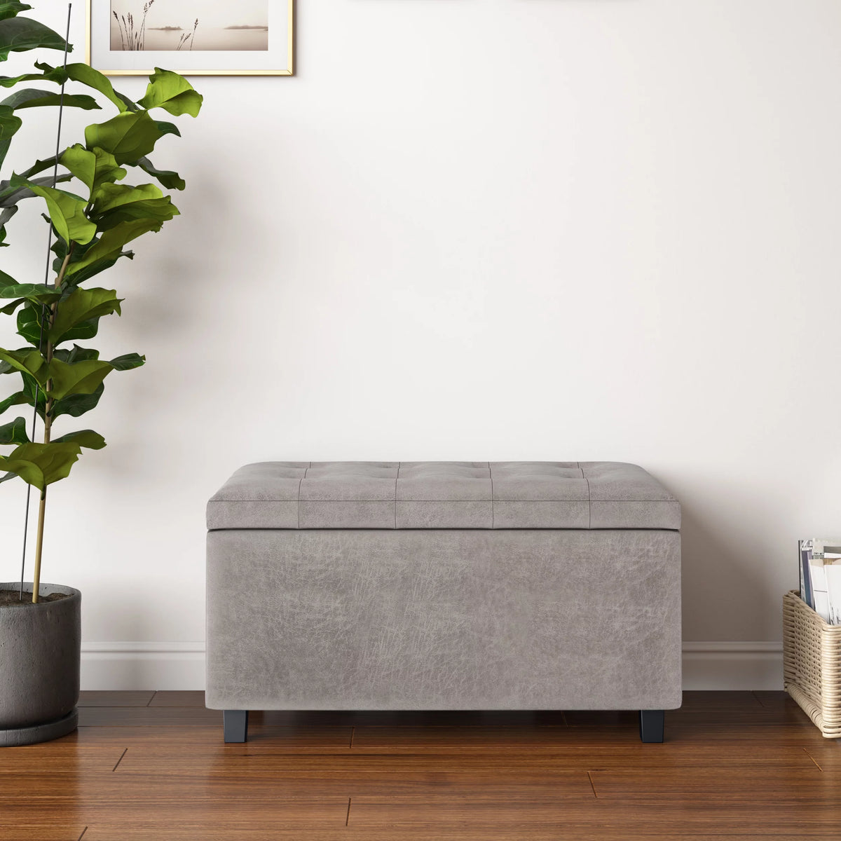 34 inch Wide Rectangle Storage Ottoman in Distressed Grey Taupe Faux Leather Z21508