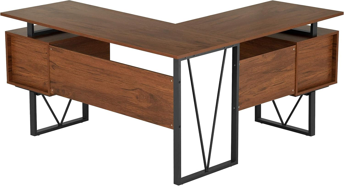 L-Shape Computer Desk with Drawers and File Cabinet, Walnut Q285043