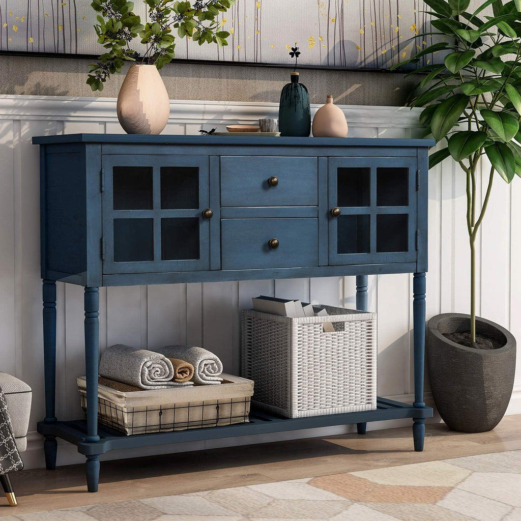 Antique Navy Console Table with Two Storage Drawers Two Cabinets and Bottom Shelf C293065
