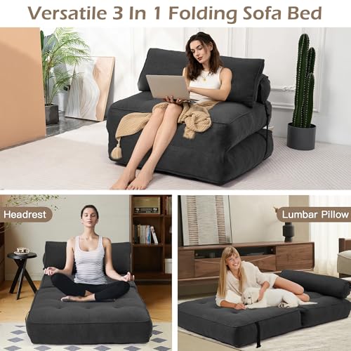 Folding Convertible Sofa Bed with Pillow, Black Linen Fabric V805262