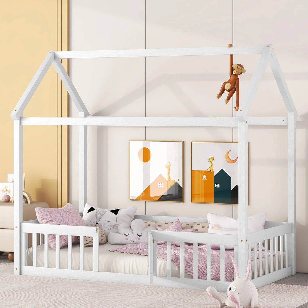Twin House Floor Bed with Rails and Door A495306