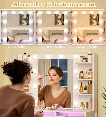White Vanity Desk with Mirror and Lights T42536