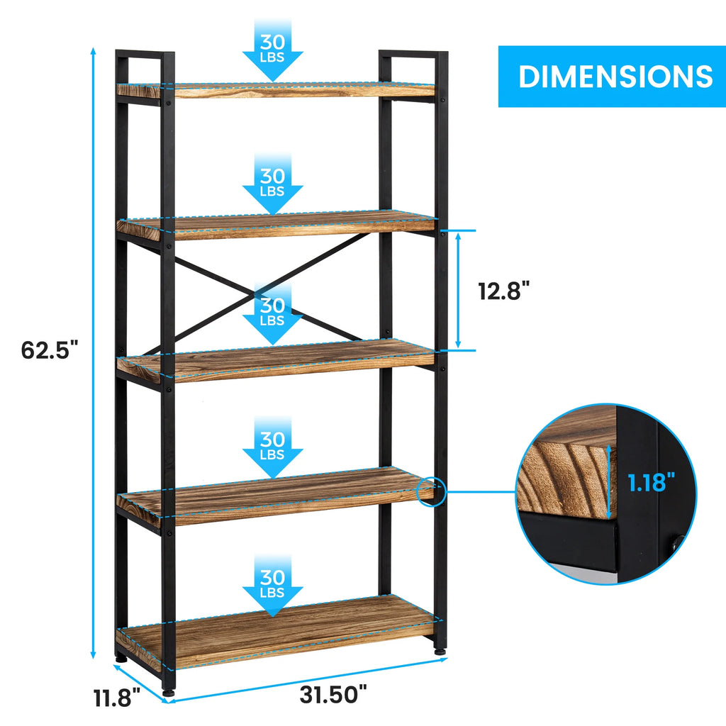 5 Tier Solid Real Wood Bookshelf E9836