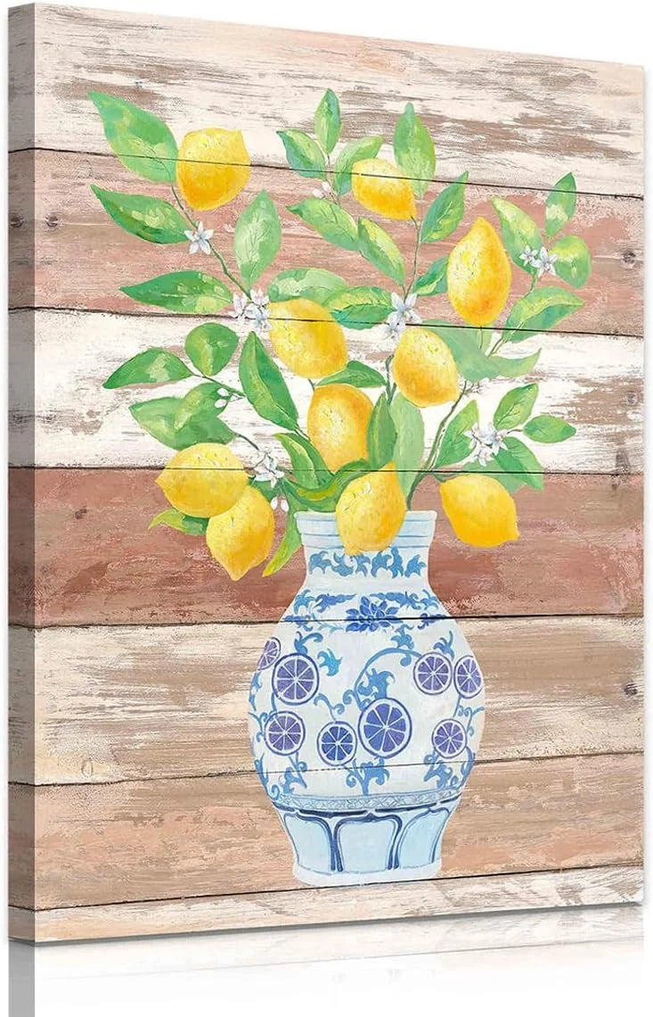 Lemon Wall Art Print Yellow Fruit White Flower Green Leaves Blue And White Porcelain Vase Unframed V254258
