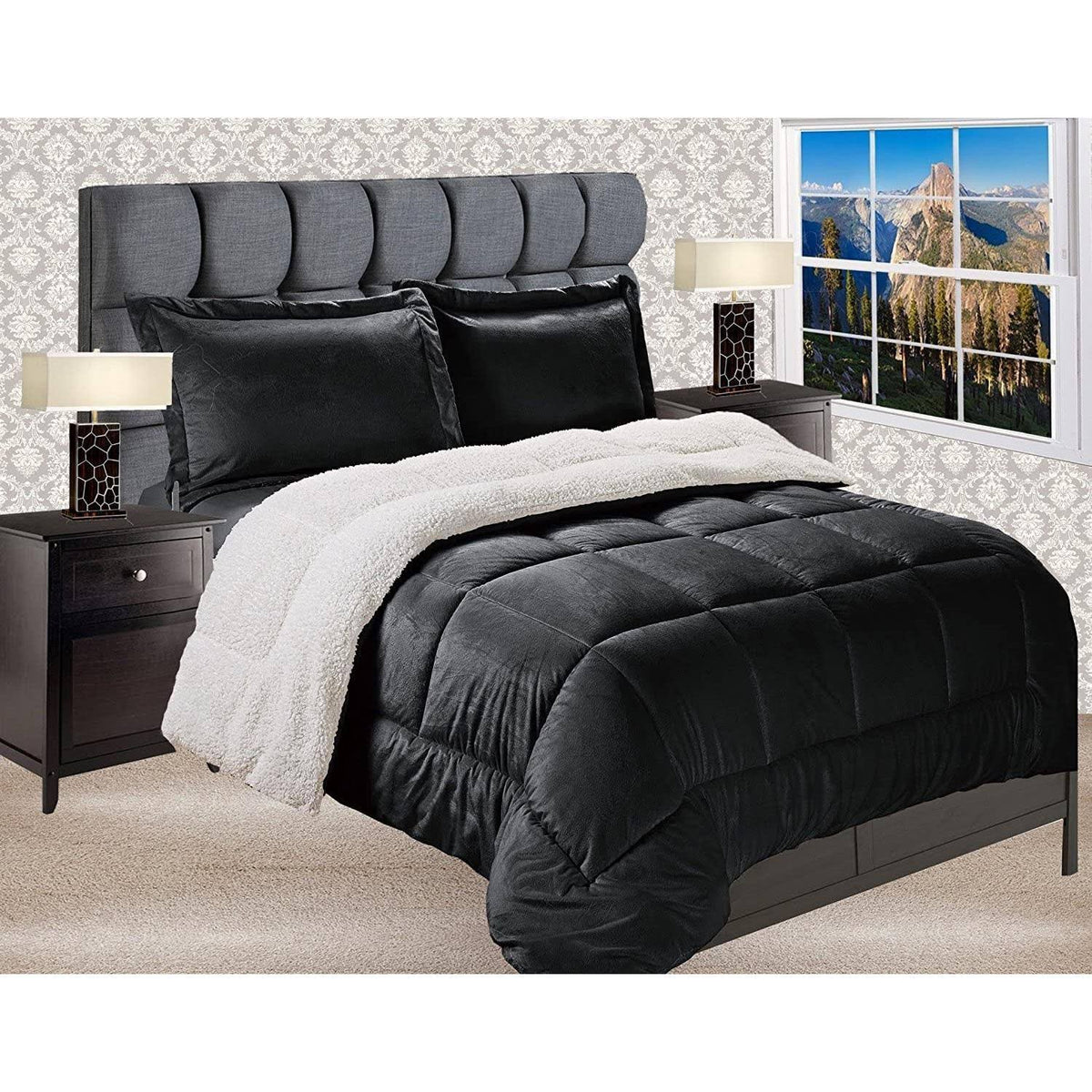 Black 3-Piece Micromink Reversible Comforter Set V438098