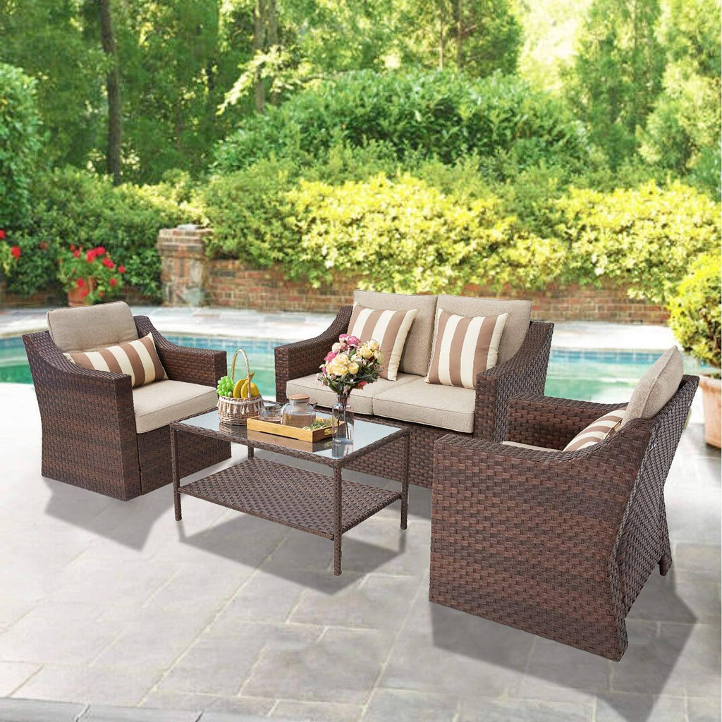 4-Piece All Weather Wicker Patio Furniture Set with Glass Coffee Table W56483