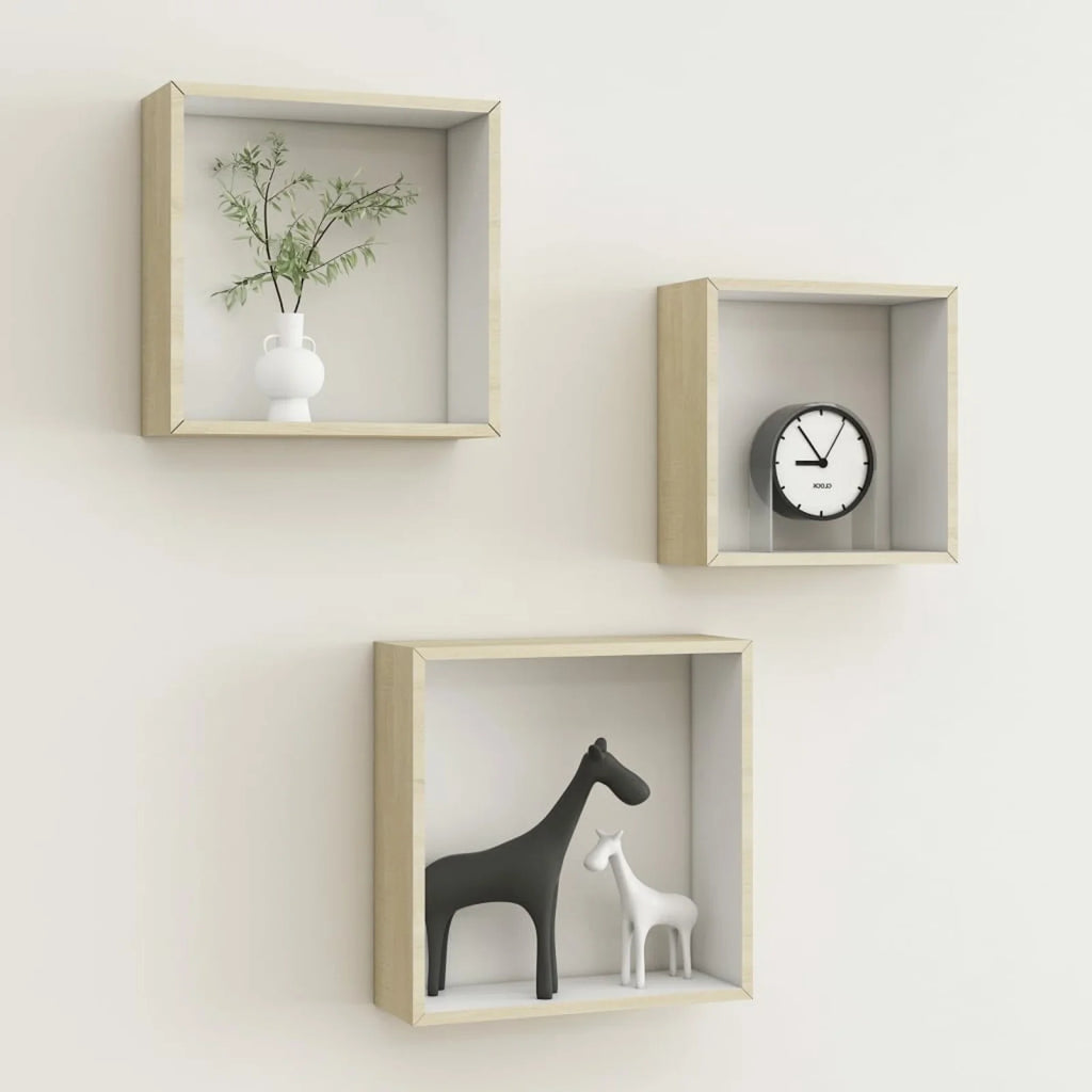 Set of 3 White Sonoma Oak MDF Wall Cube Shelves P12067