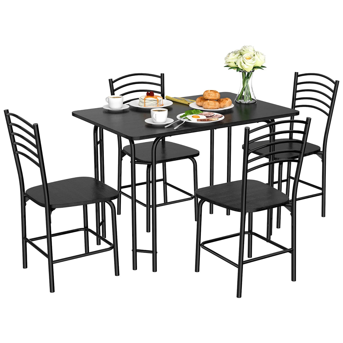 5 Pcs Modern Dining Table Set 4 Chairs Steel Frame Black G206