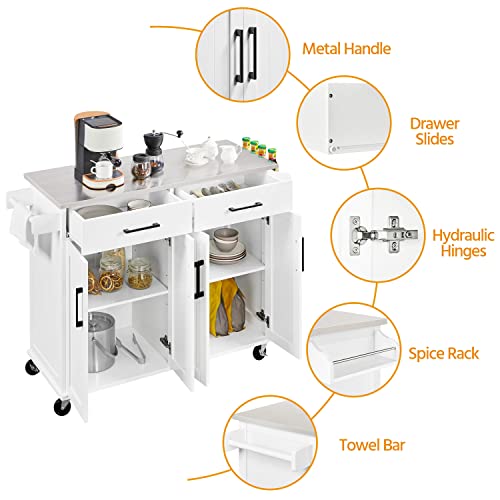 White Kitchen Island Cart with Stainless Steel Countertop Z71983