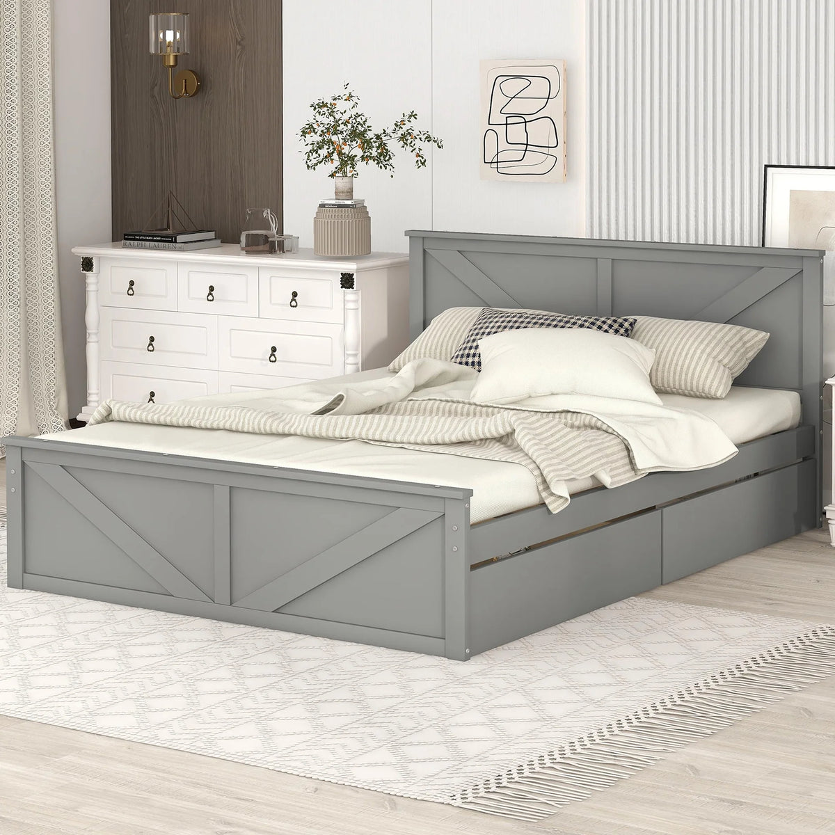 Wood Queen Bed Frame with 4 Storage Drawers G245