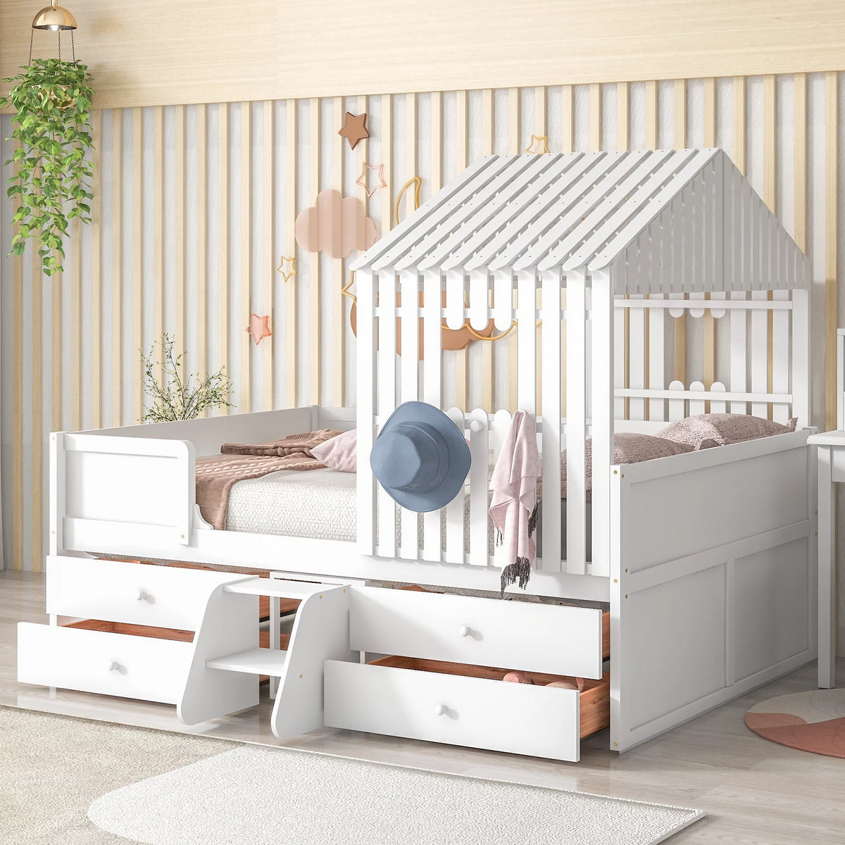 Full Size Low Loft Bed with Four Drawers White I541208