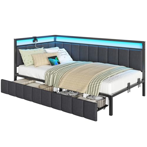 Full Size Corner Bed Frame with 2 Storage Drawers and Charging Station B107722